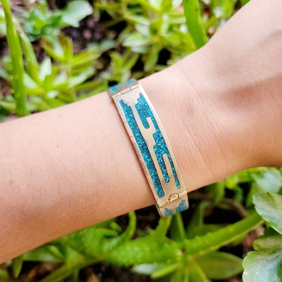 Vintage Alarci Native American Inlaid Turquoise Bracelet - Picture 6 of 15